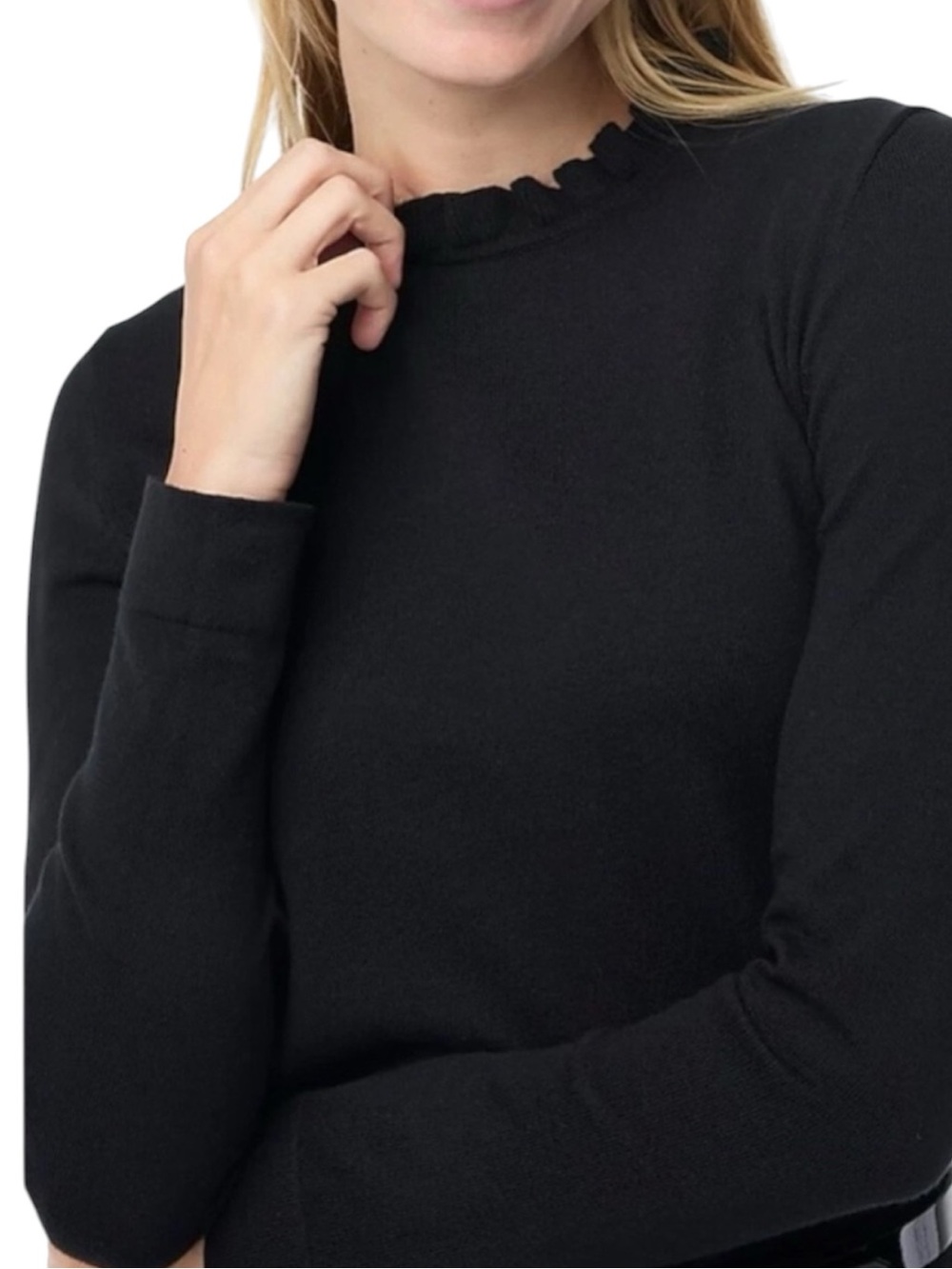 J Crew Black Cotton Longsleeve Sweater Ruffle Trim Collar Keyhole Back Sz Large